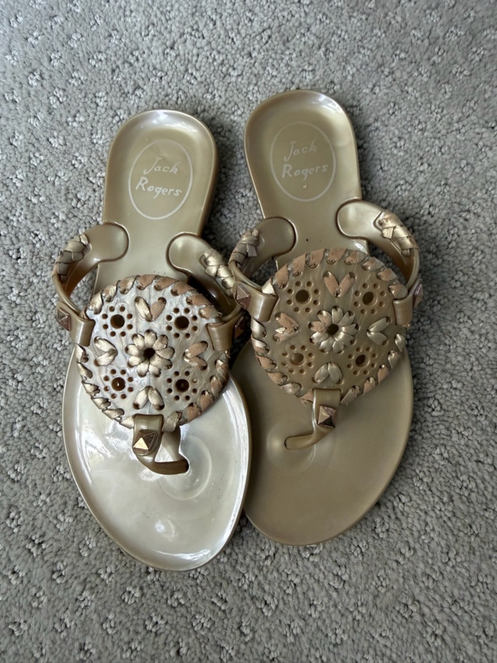 Jack Rogers Metallic Beige Gold Cutout Medallion Sandals